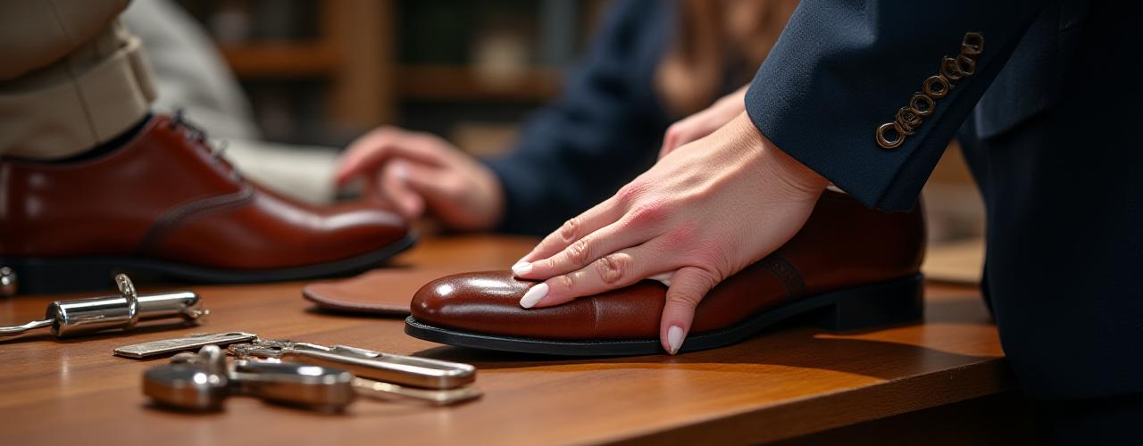 職人が顧客の足の採寸を行っている様子、または高級革のセレクション。