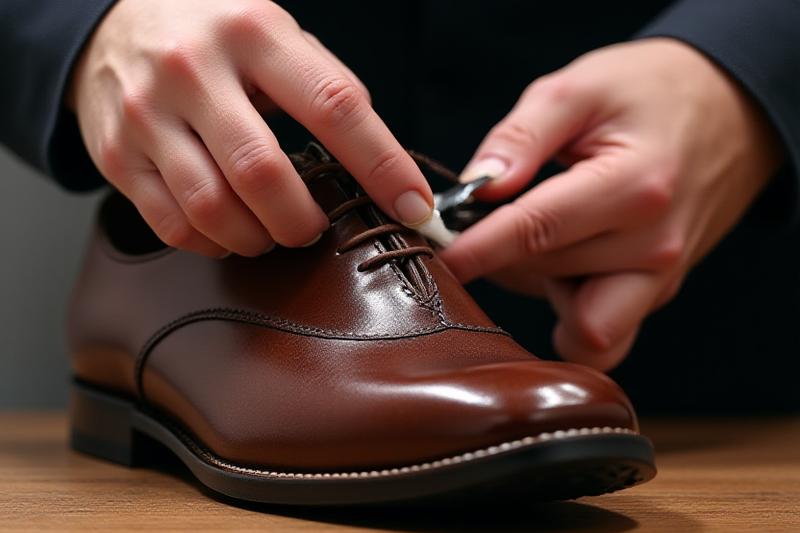 靴の最終仕上げとして、細部にわたる磨き上げと手入れを行う職人