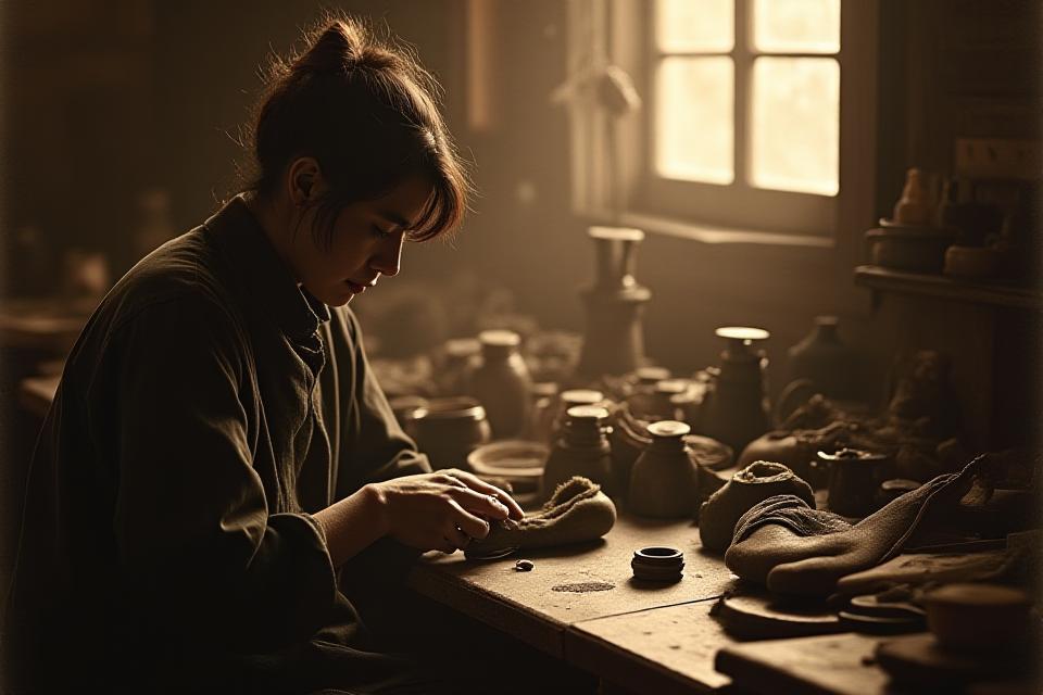 古いワークショップで靴を作る職人、Heimen Kutsuの歴史的な背景